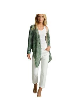 Body Central Sheer Green Graphic Print Tie Open Front Top Size M